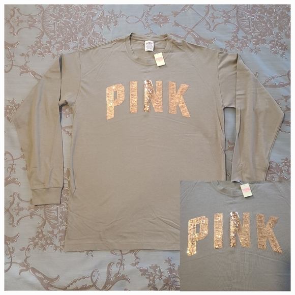 Victoria's Secret PINK Bling Long Sleeve Tee Green Rose Gold Size Small - Picture 1 of 9